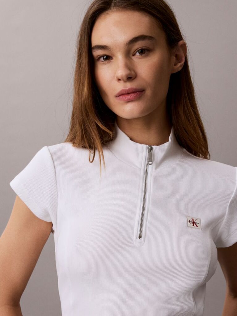 White Monologo Patch Rib Zip Top  Women