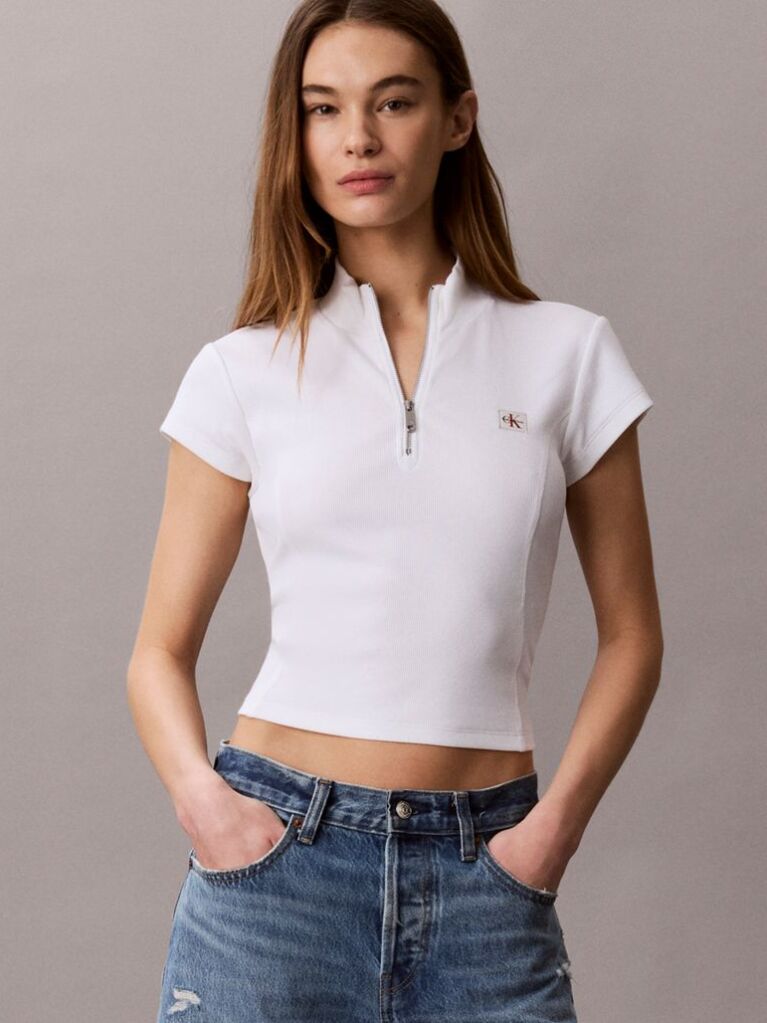 White Monologo Patch Rib Zip Top  Women