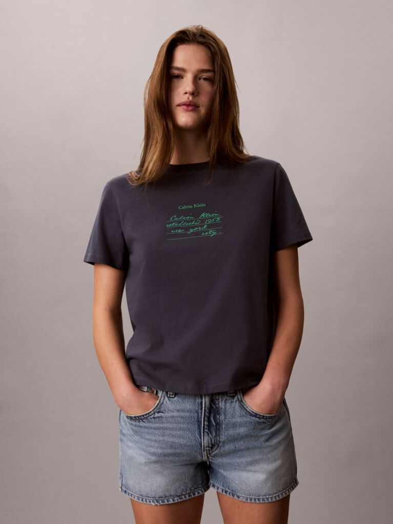 Blue Handwriting Graphic Crew Neck T-Shirt  Women
