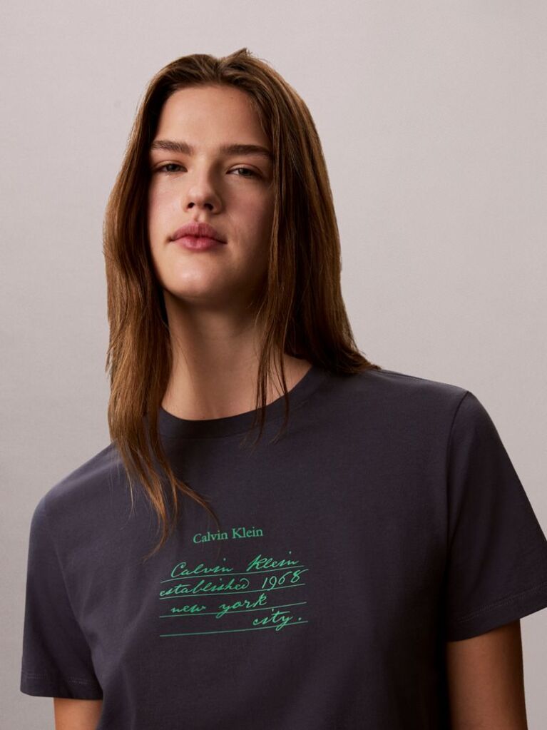 Blue Handwriting Graphic Crew Neck T-Shirt  Women