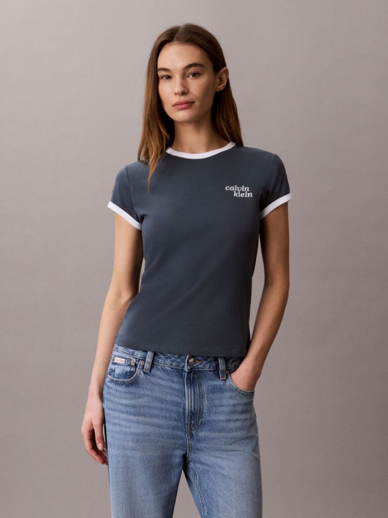 Blue Embroidered Logo Ringer T-shirt  Women