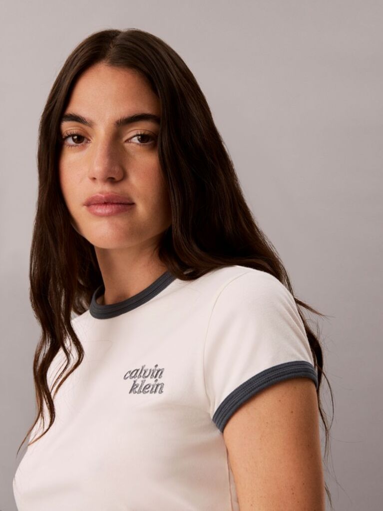 White Embroidered Logo Ringer T-shirt  Women