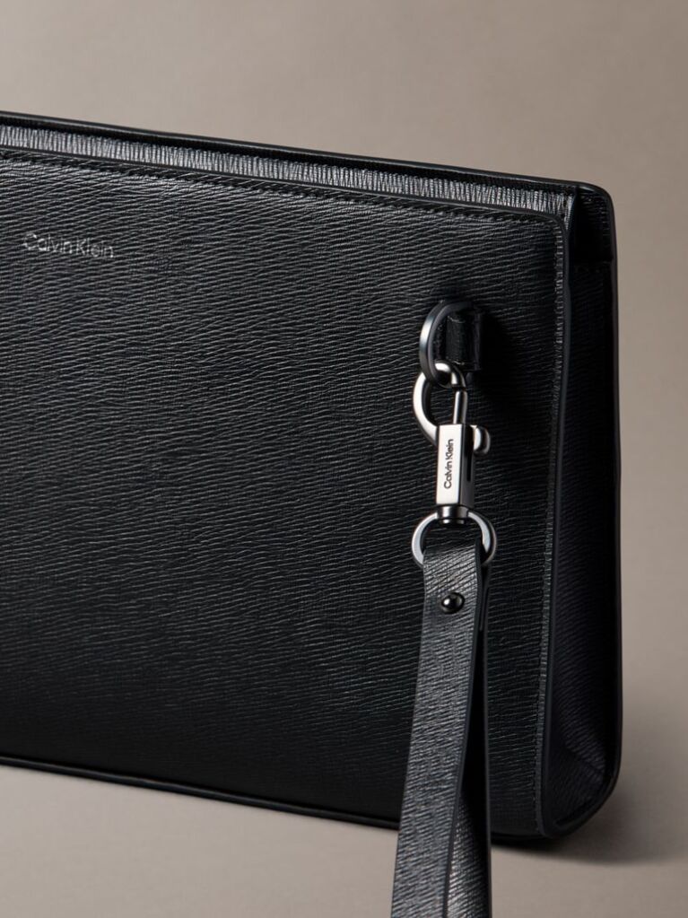 Black Saffiano Emblem Zip Pouch with Handle  Men