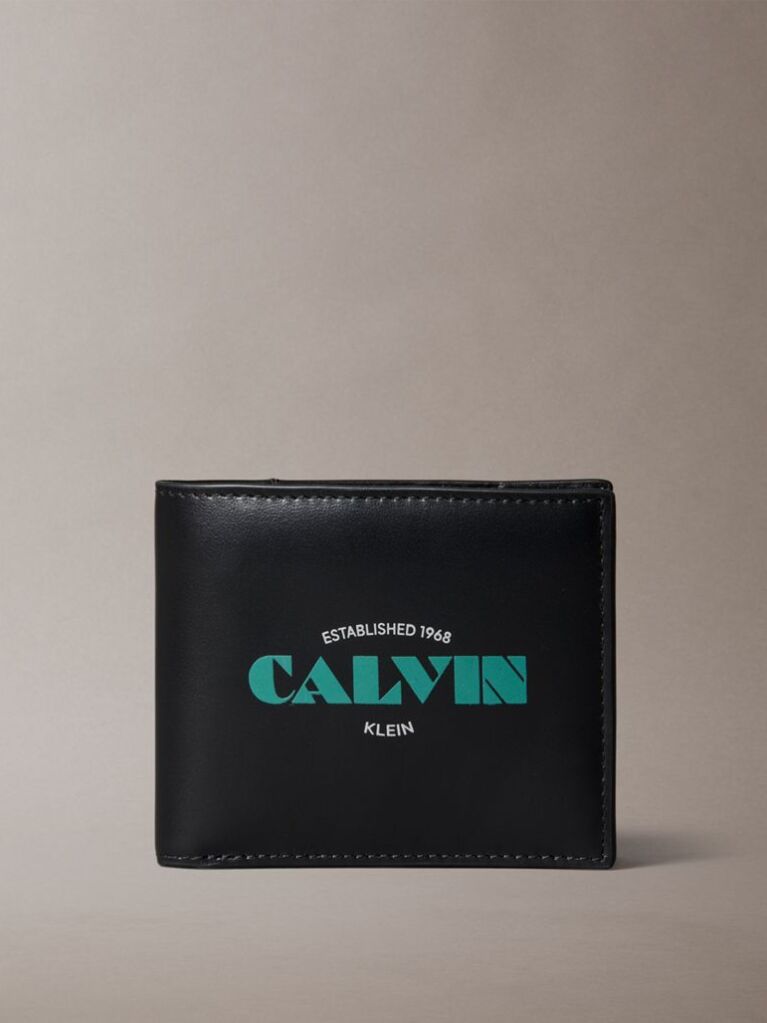 Black Leather Logo Graphic Coin Pocket Wallet  Men