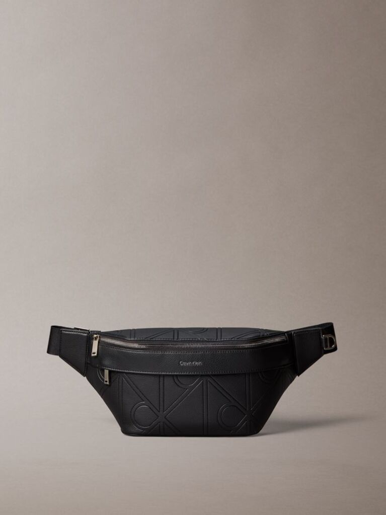 Black Embossed Allover Emblem Logo Bum Bag  Men