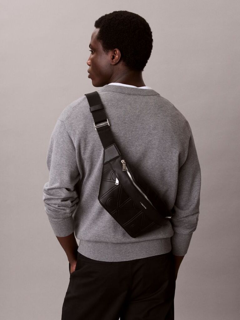 Black Embossed Allover Emblem Logo Bum Bag  Men