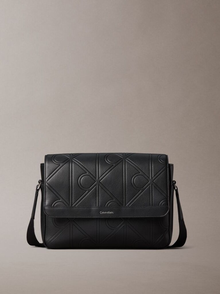 Black Embossed Logo Flap Messenger Bag  Men