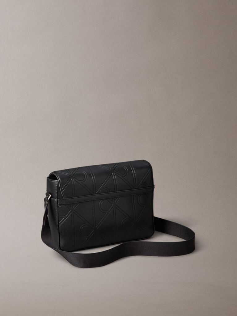 Black Embossed Logo Flap Messenger Bag  Men