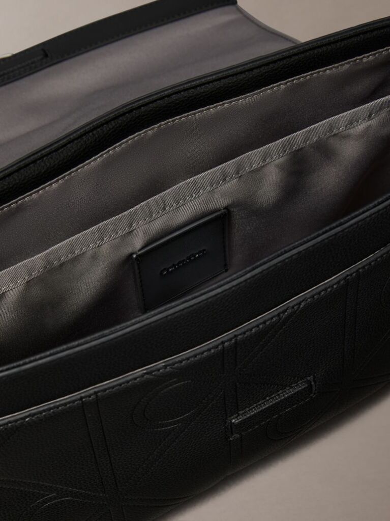 Black Embossed Logo Flap Messenger Bag  Men