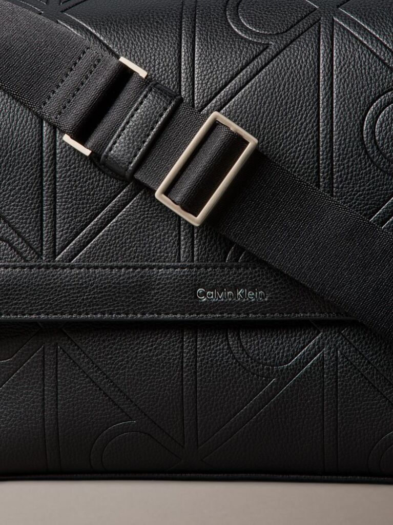 Black Embossed Logo Flap Messenger Bag  Men