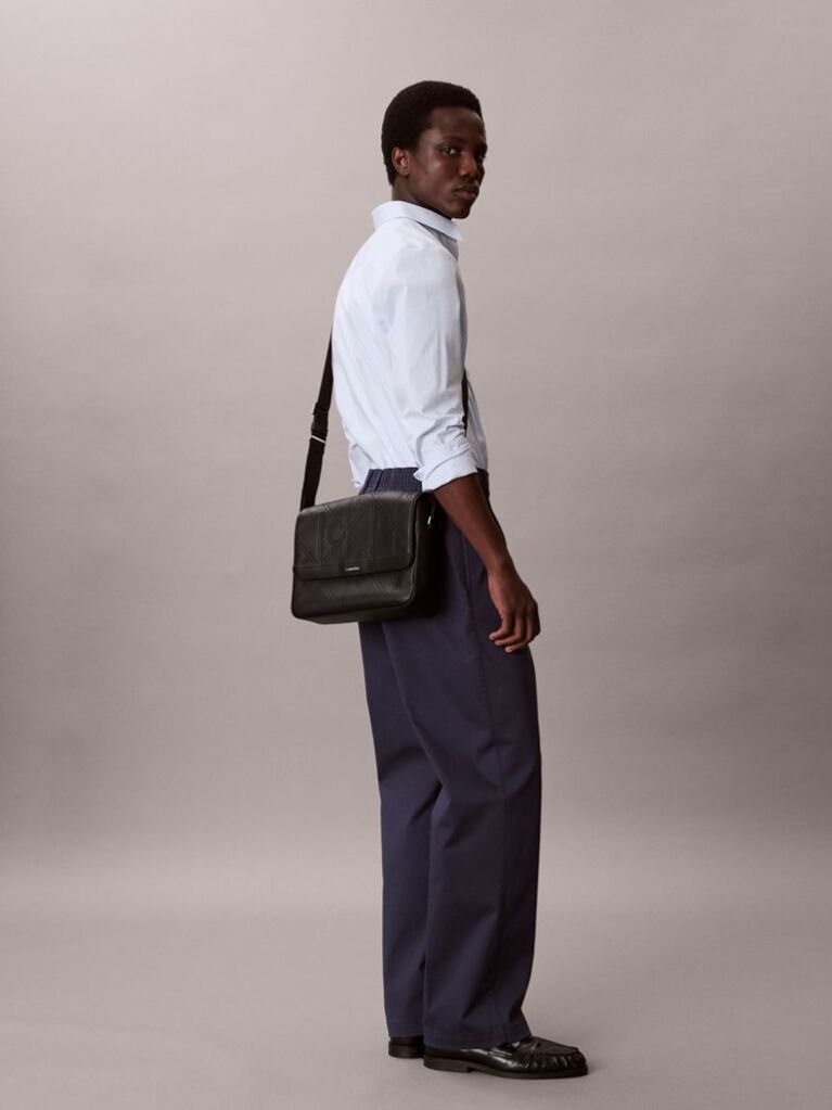 Black Embossed Logo Flap Messenger Bag  Men