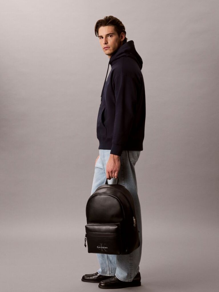 Black Logo Strap Smooth Dome Backpack  Men