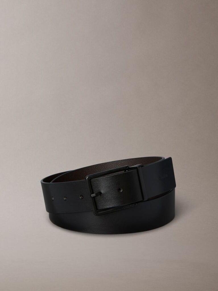 Black Leather Adjustable Reversible Square Buckle Belt  Men
