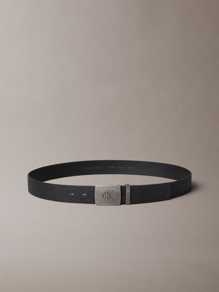 Black Leather Monogram Plaque Buckle Belt  Men