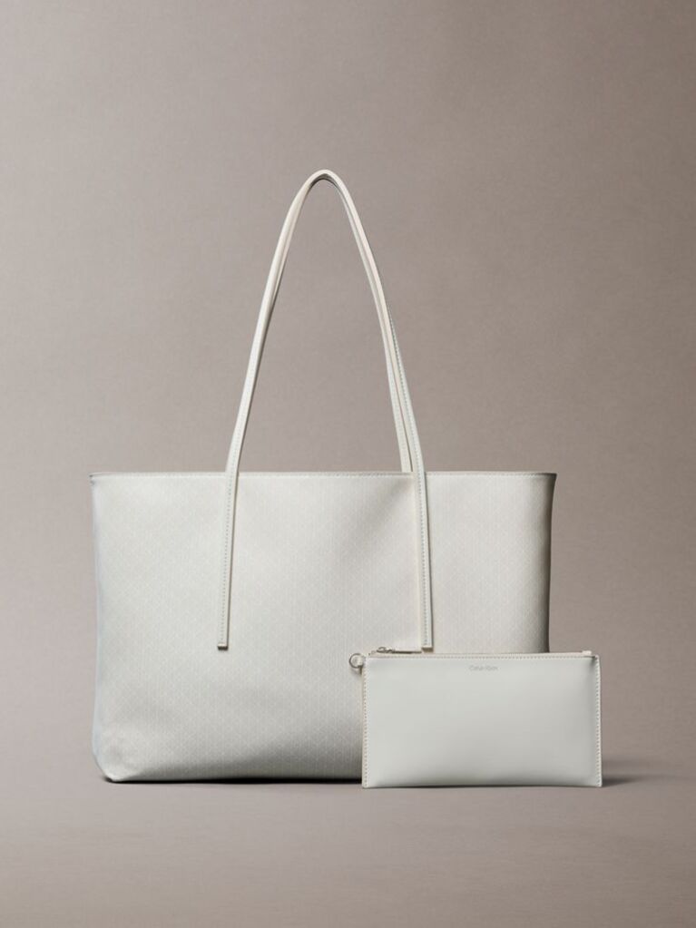 White Allover Monogram Logo Tote Bag with Pouch  Women