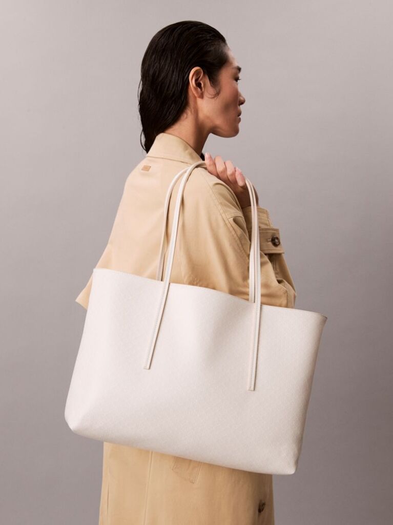 White Allover Monogram Logo Tote Bag with Pouch  Women