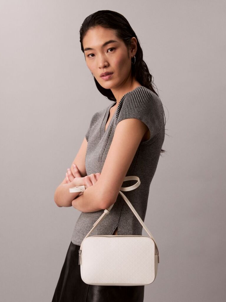 White Allover Monogram Logo Camera Bag  Women