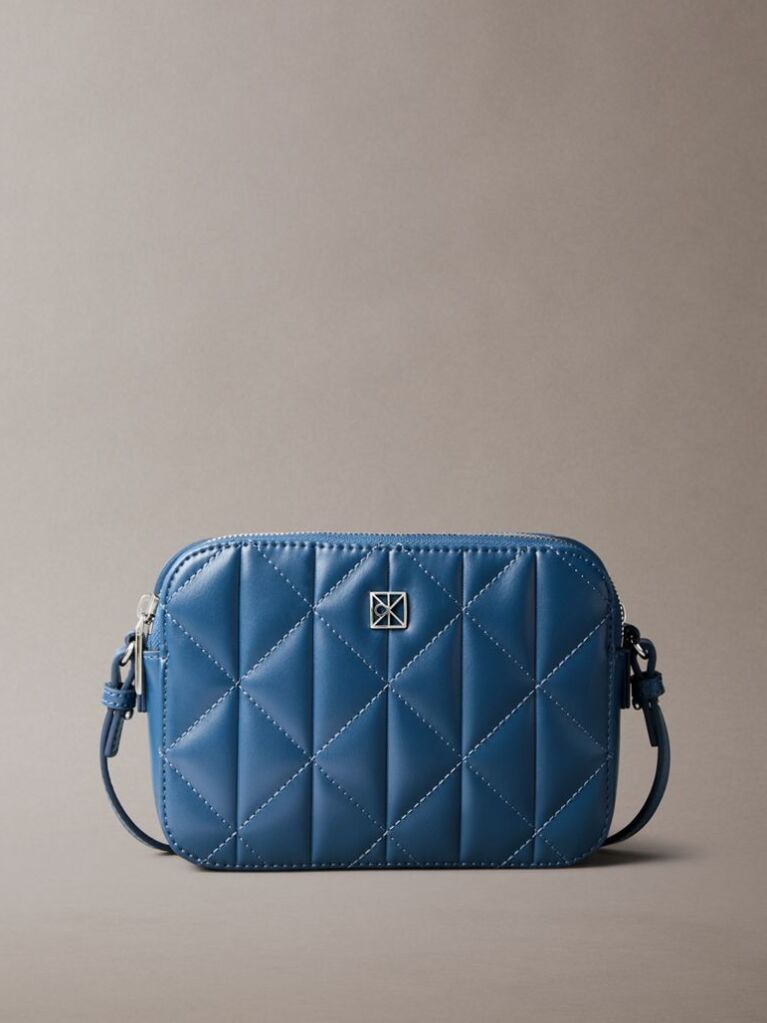 Blue Quilted Emblem Logo Double Zip Camera Bag  Women