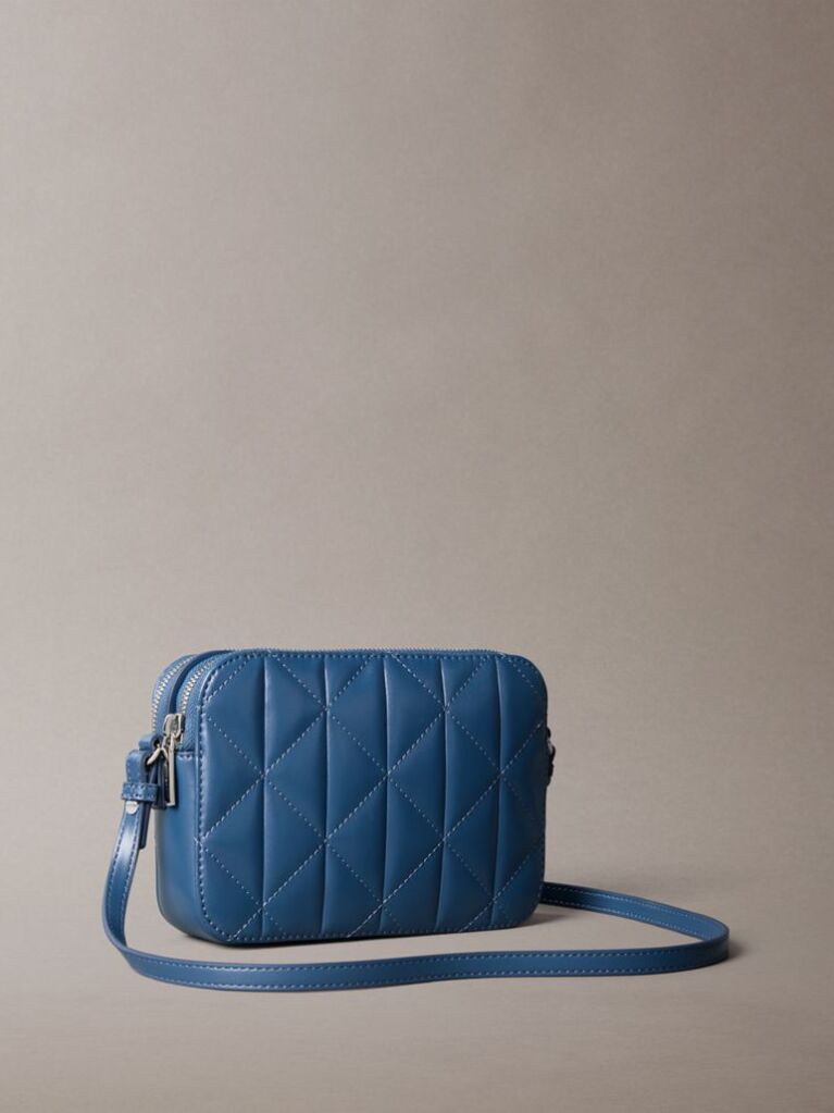 Blue Quilted Emblem Logo Double Zip Camera Bag  Women