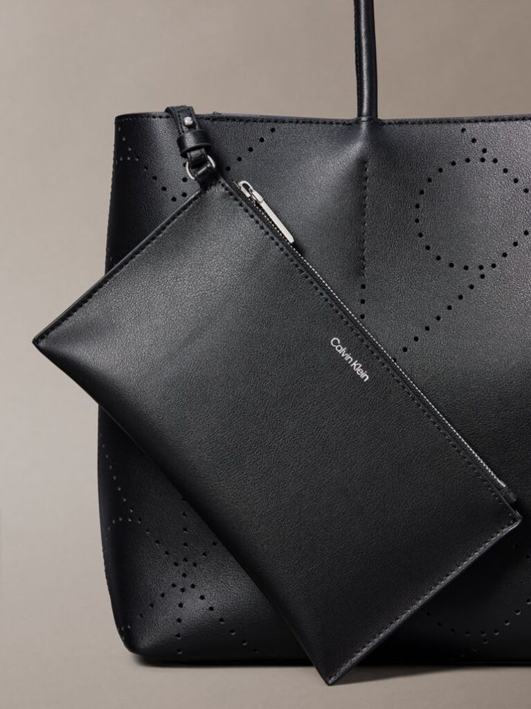 Black Emblem Perforated Leather Tote  Women