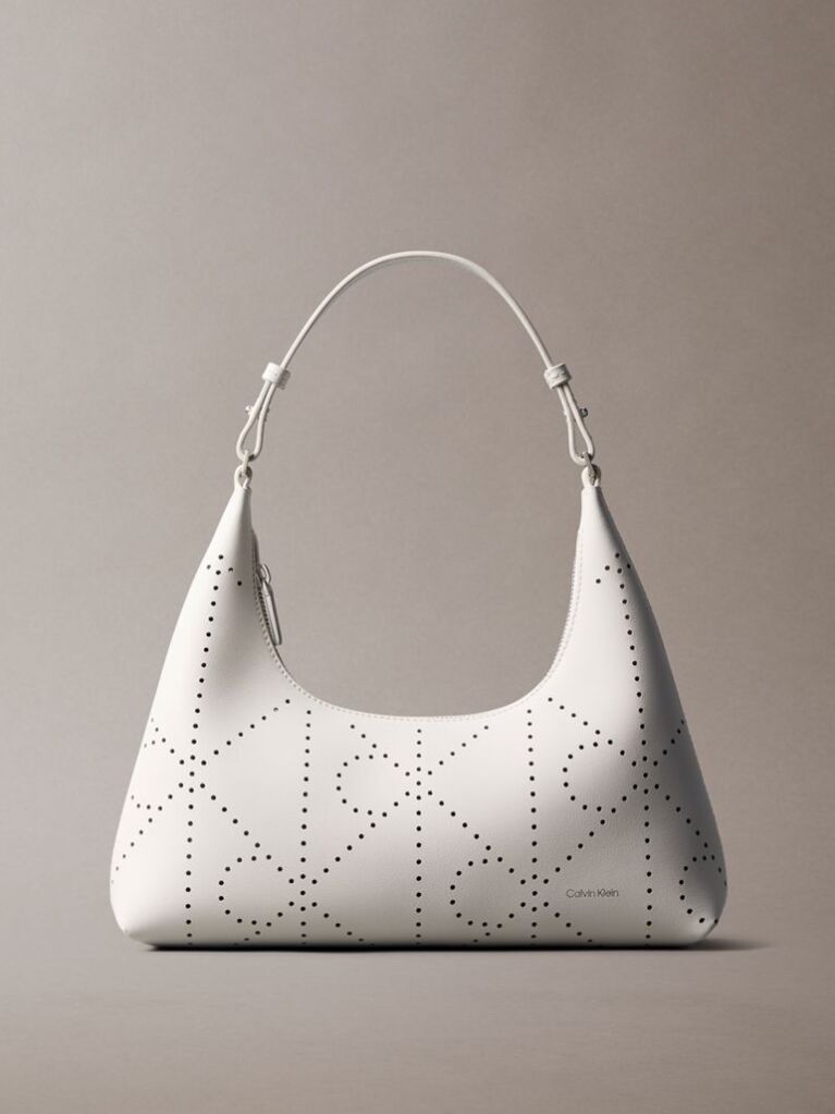 White Perforated Emblem Logo Shoulder Bag  Women