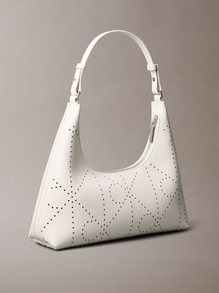White Perforated Emblem Logo Shoulder Bag  Women