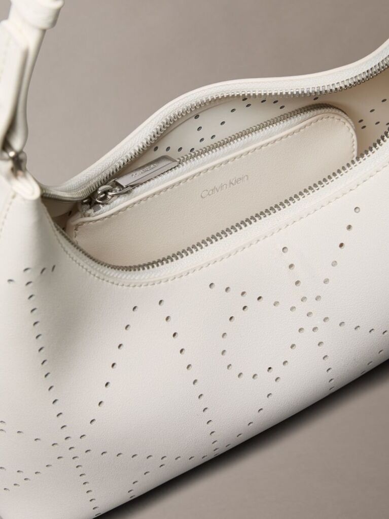 White Perforated Emblem Logo Shoulder Bag  Women
