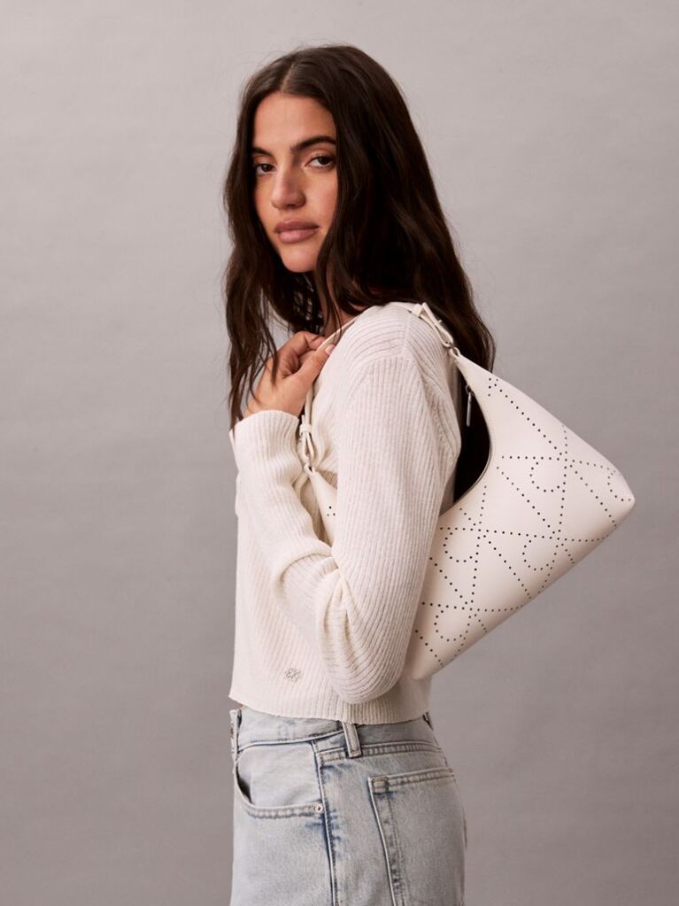 White Perforated Emblem Logo Shoulder Bag  Women