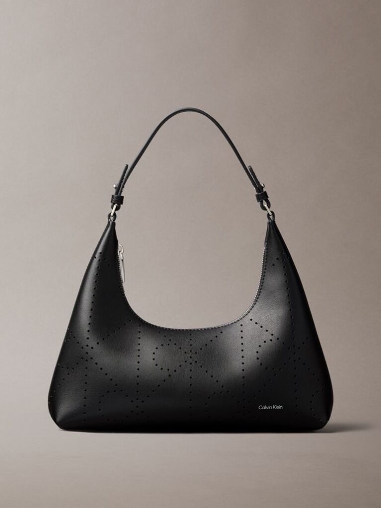 Black Perforated Emblem Logo Shoulder Bag  Women