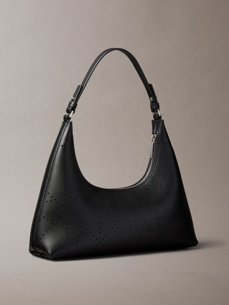 Black Perforated Emblem Logo Shoulder Bag  Women