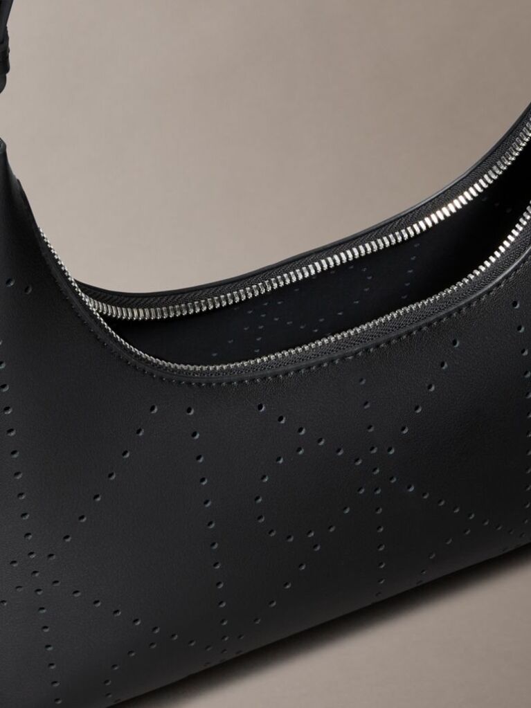 Black Perforated Emblem Logo Shoulder Bag  Women