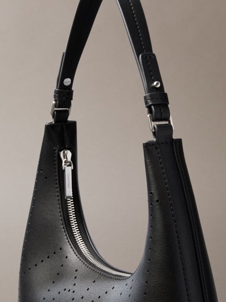 Black Perforated Emblem Logo Shoulder Bag  Women