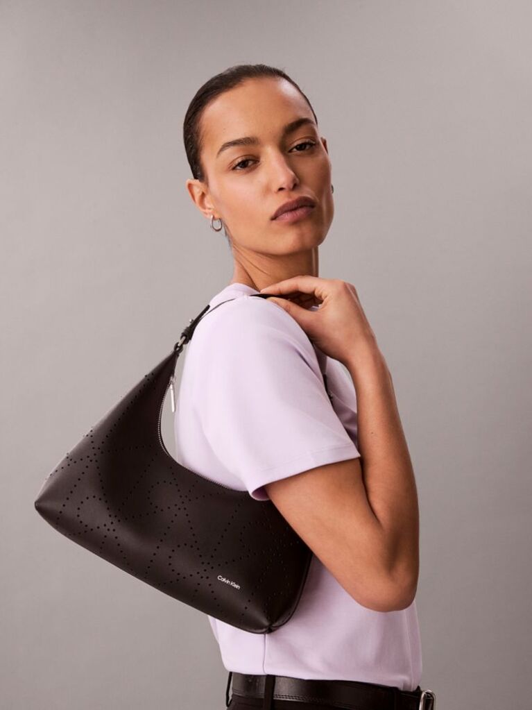 Black Perforated Emblem Logo Shoulder Bag  Women