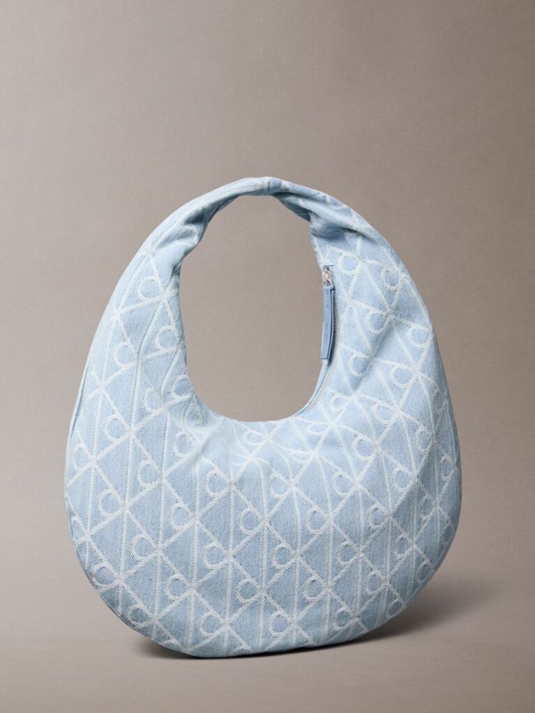 Denim Allover Emblem Logo Denim Crescent Bag  Women