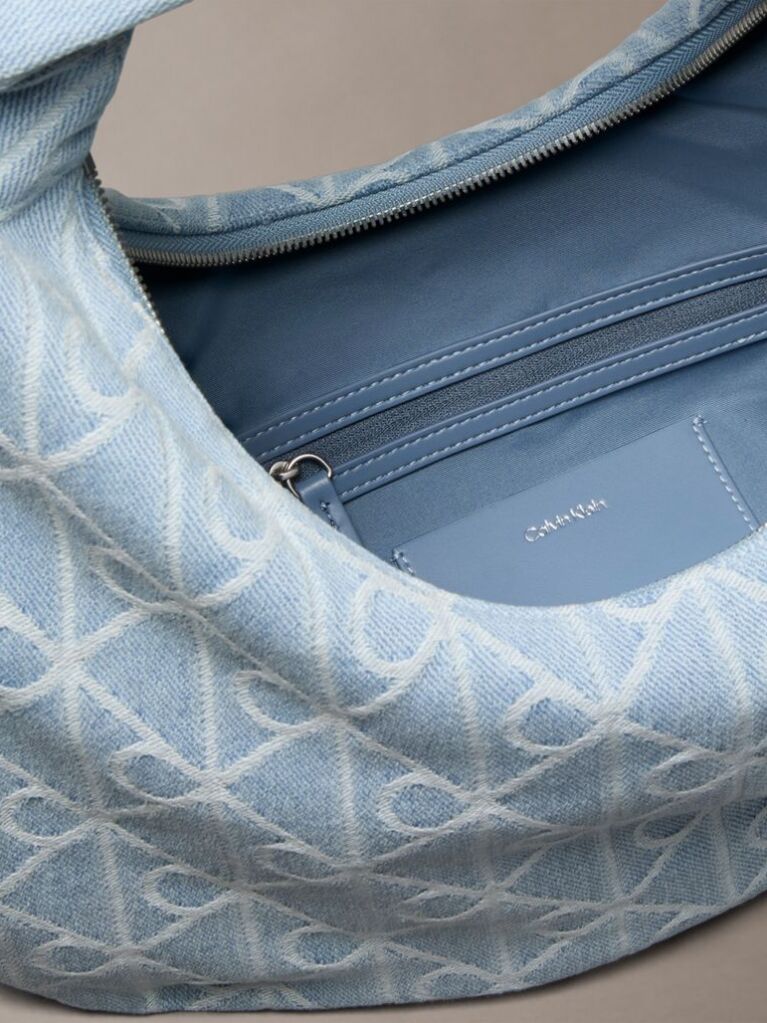 Denim Allover Emblem Logo Denim Crescent Bag  Women