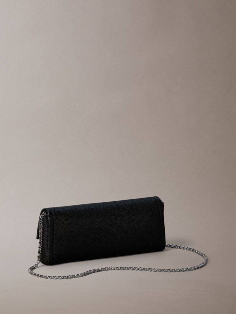Black Emblem Pebble Grain Chain Strap Clutch  Women