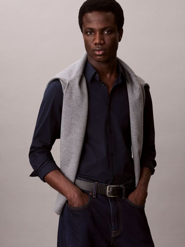 Blue Slim Stretch Button-Down Shirt  Men