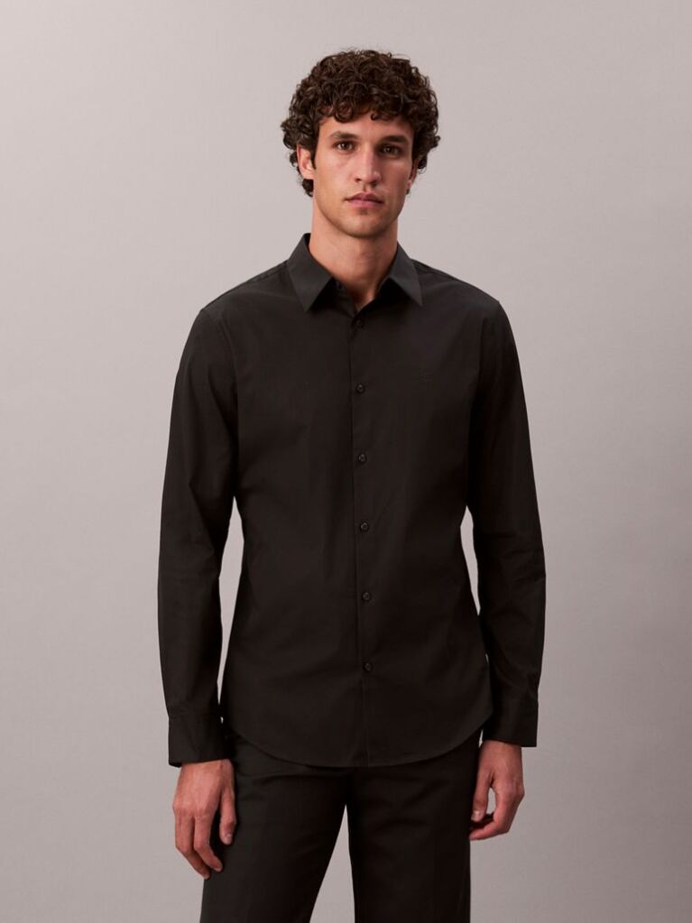 Black Slim Stretch Button-Down Shirt  Men