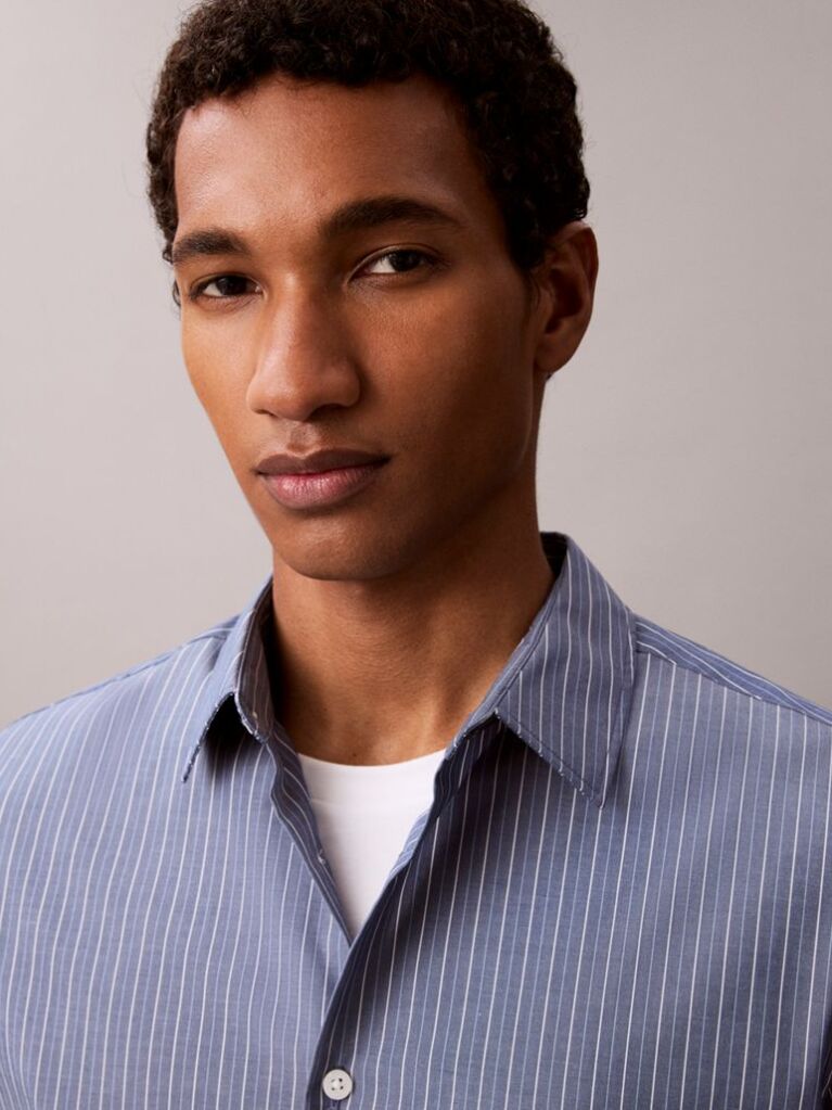 Blue Slim Straight Fit Stripe Shirt  Men