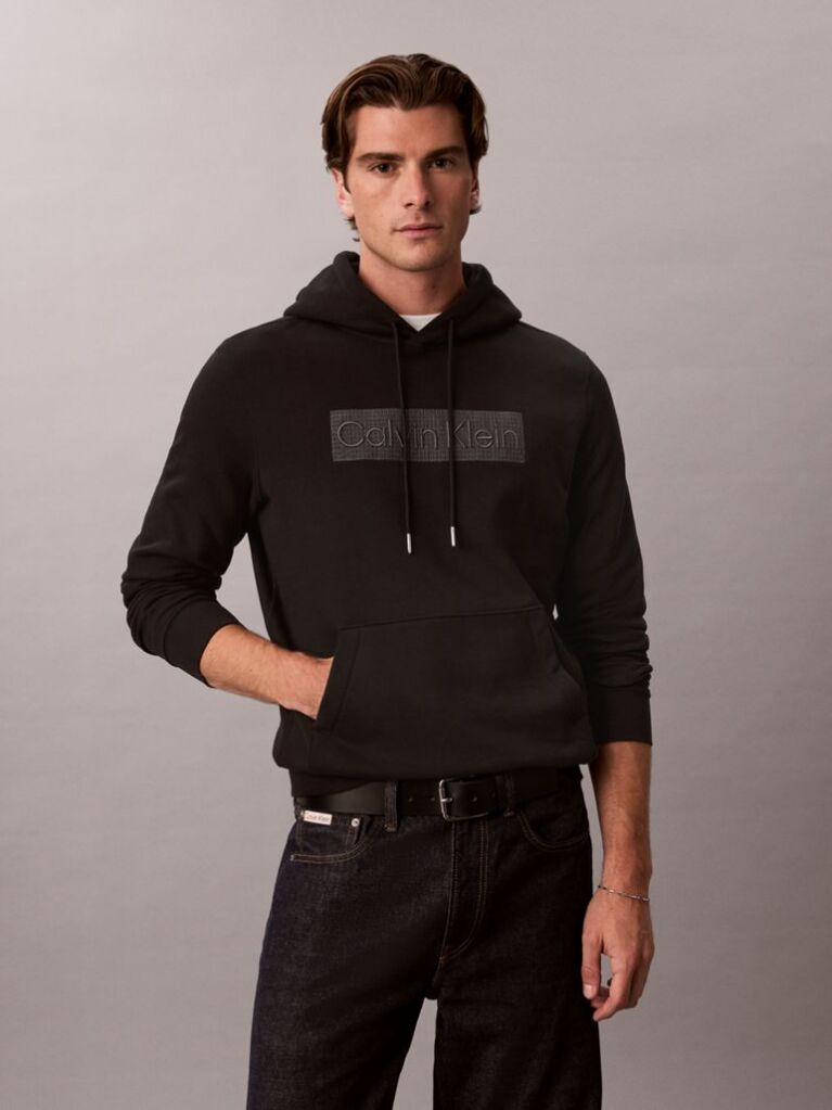 Black Logo Graphic Embroidery Fleece Hoodie  Men