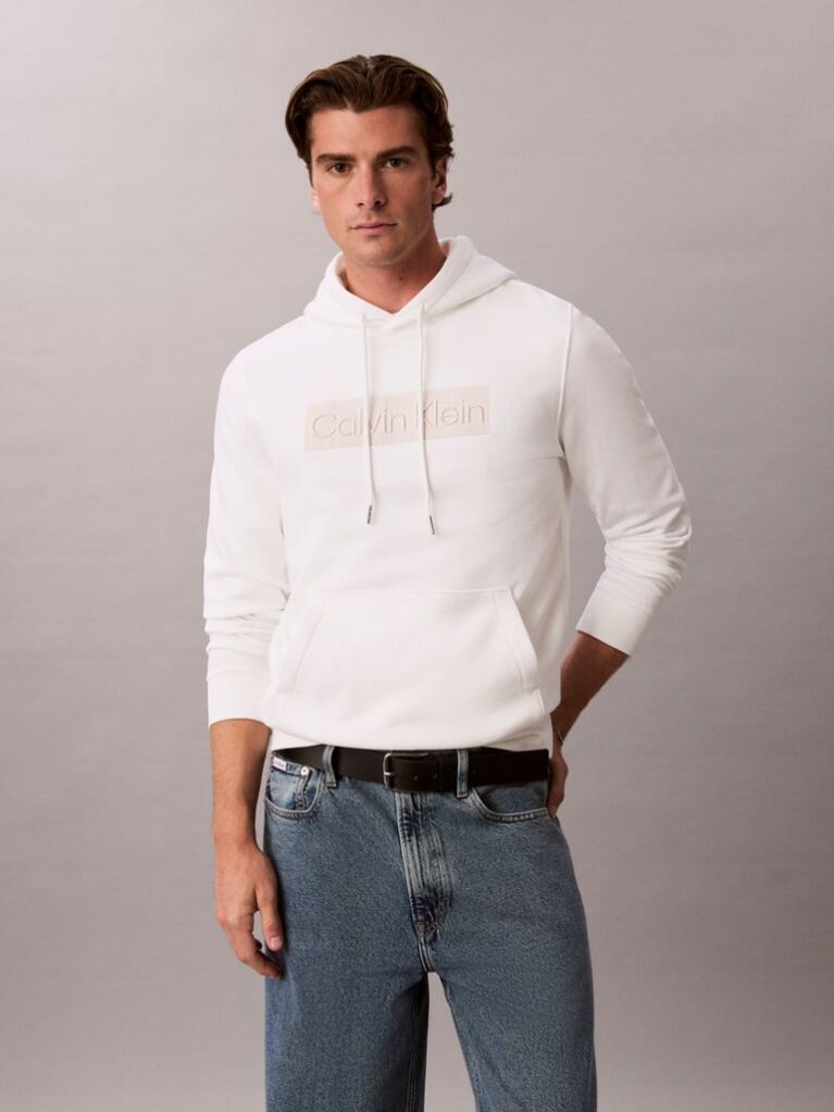 White Logo Graphic Embroidery Fleece Hoodie  Men