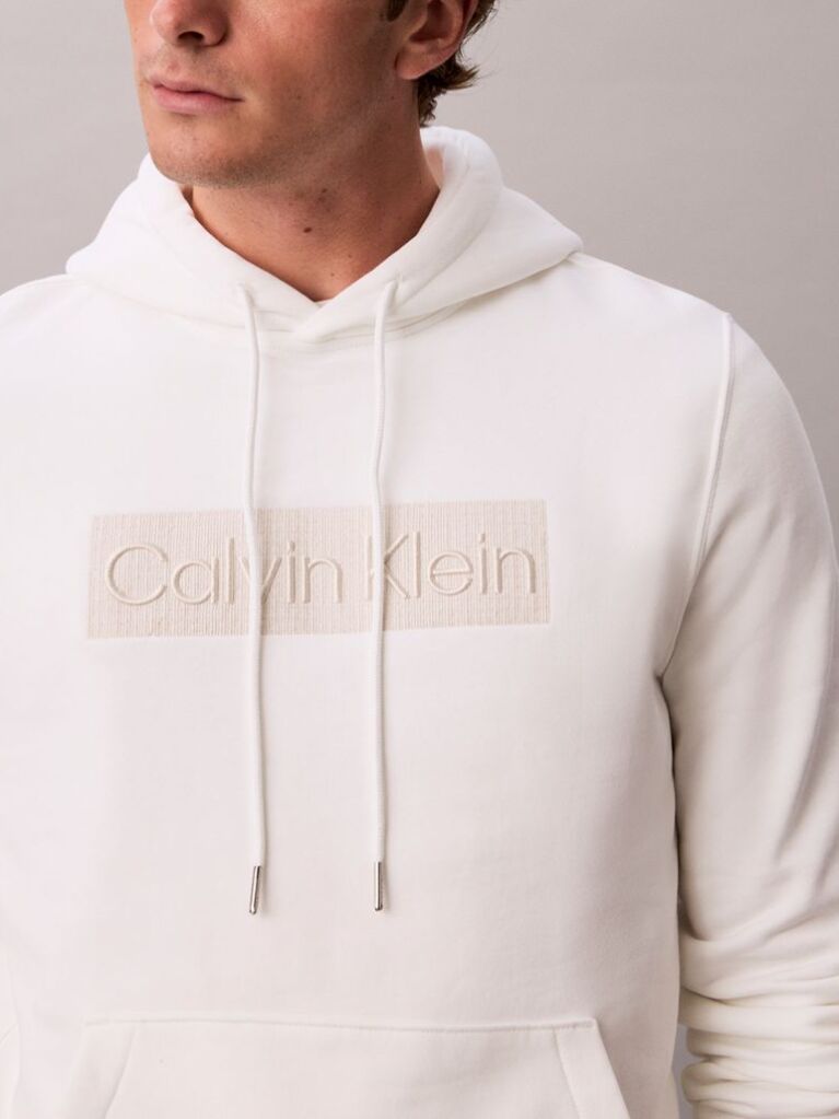 White Logo Graphic Embroidery Fleece Hoodie  Men