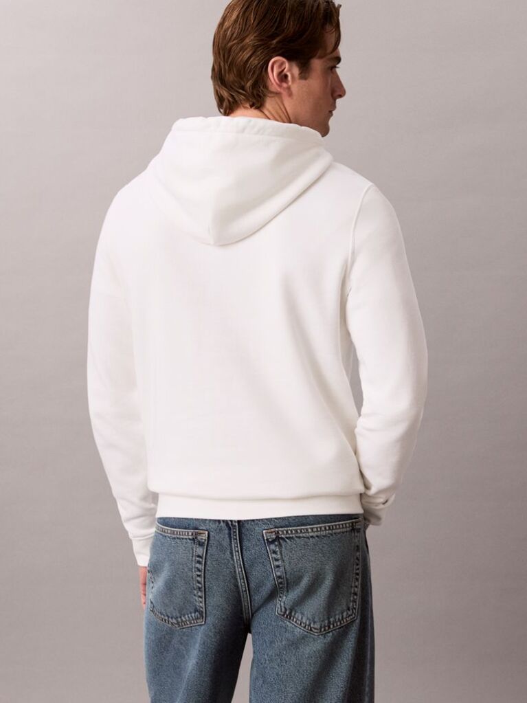 White Logo Graphic Embroidery Fleece Hoodie  Men