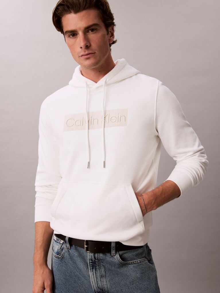 White Logo Graphic Embroidery Fleece Hoodie  Men