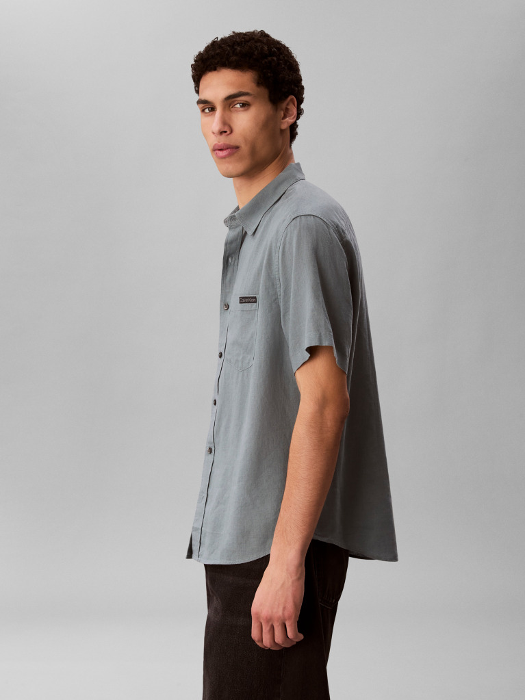 Grey Short Sleeve Solid Causal Linen Classic Shirt  Men