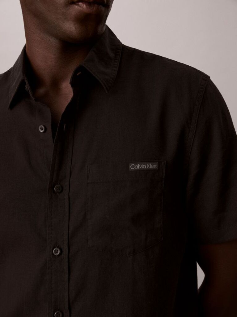 Black Short Sleeve Solid Causal Linen Classic Shirt  Men