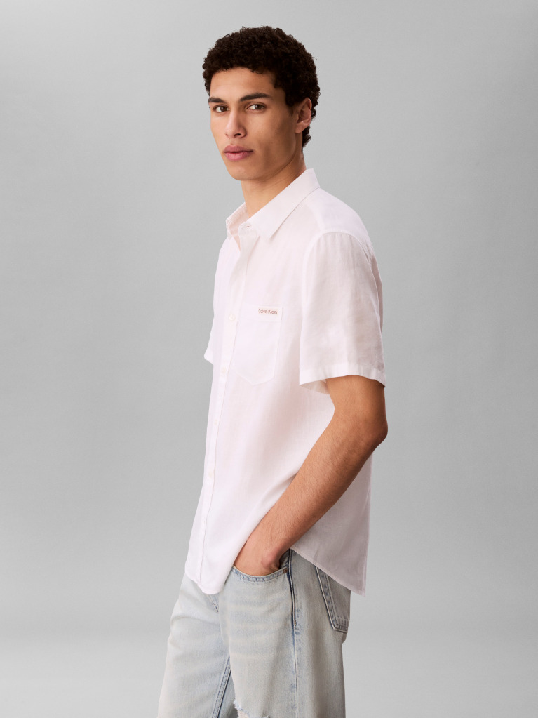 White Short Sleeve Solid Causal Linen Classic Shirt  Men