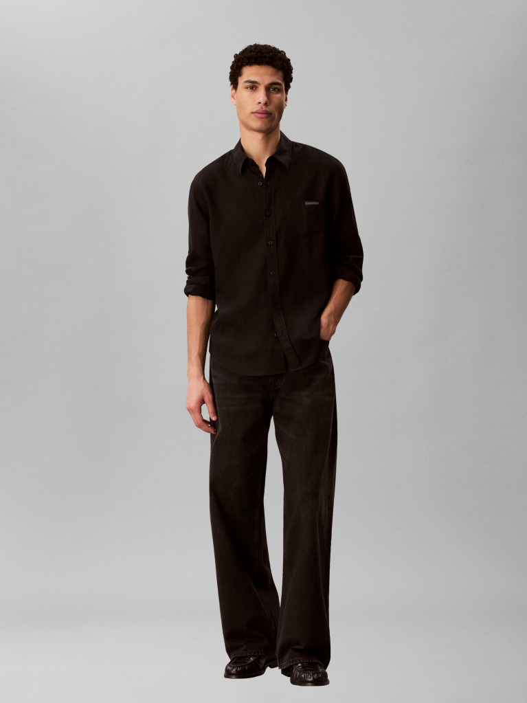 Black Long Sleeve Solid Casual Linen Classic Shirt  Men