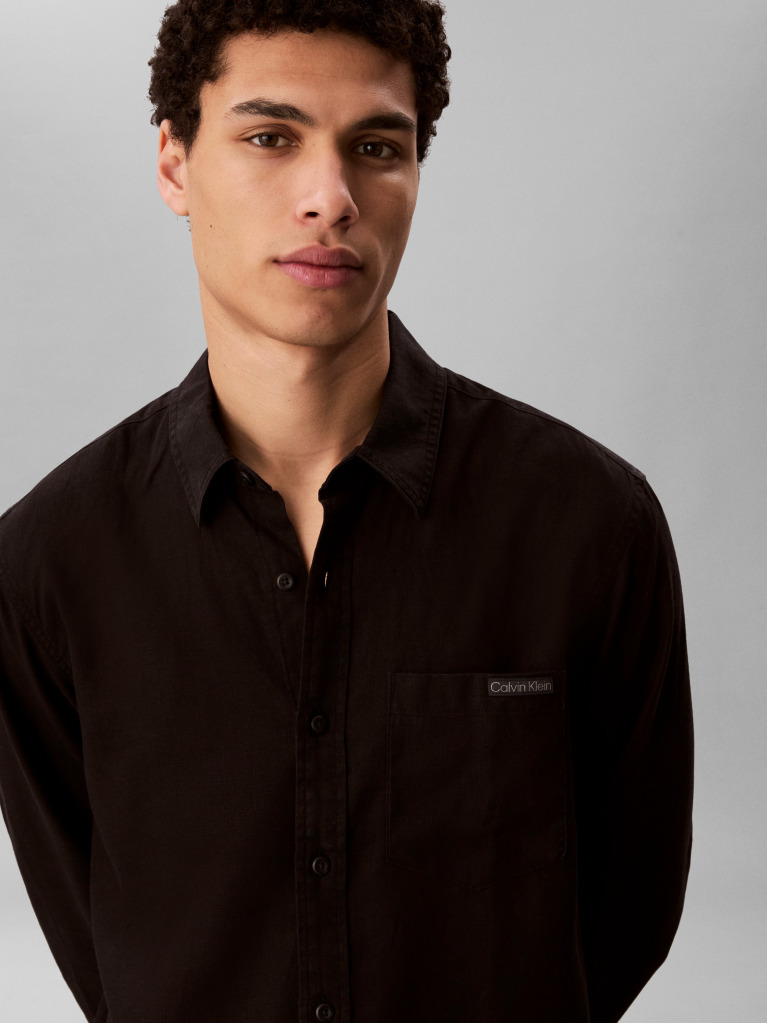 Black Long Sleeve Solid Casual Linen Classic Shirt  Men