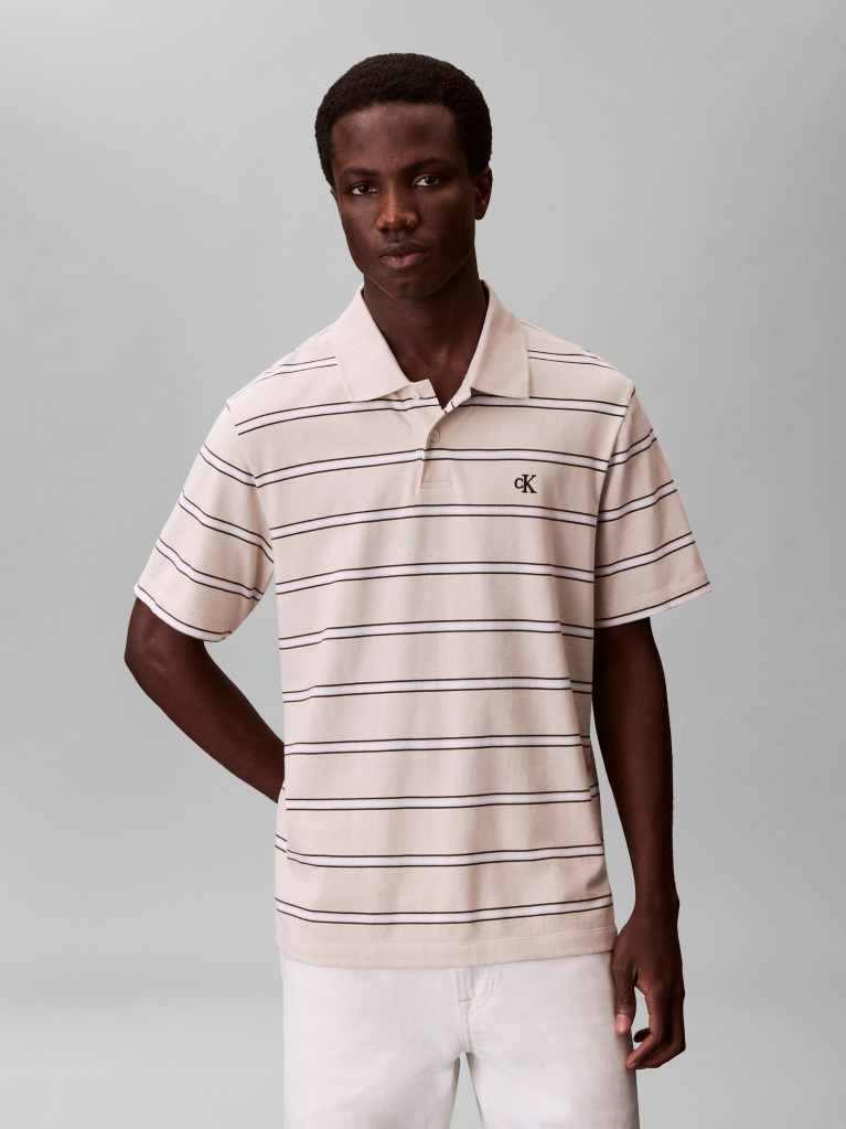 Beige Short Sleeve Easy 16S Jersey Stripe Polo Shirt  Men
